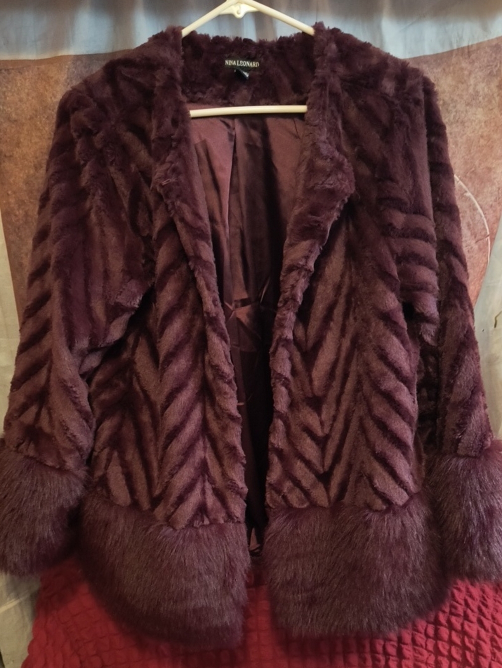 Nina Leonard Plush Faux Fur Teddy Jacket in Plum L